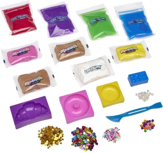 Mezcla de texturas: slime brillante, slime marshmallow y plastilina ligera