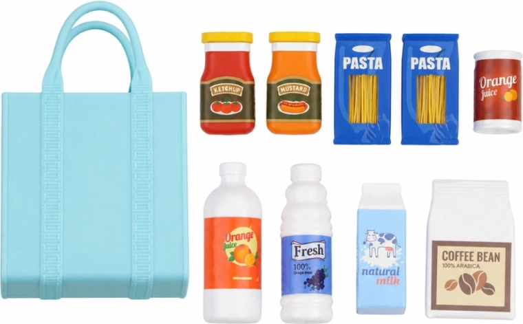 Mini alimentos y bolsa de compra para jugar a comprar
