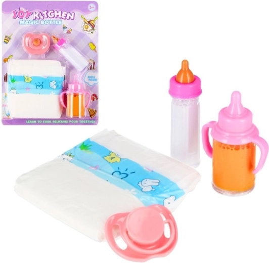 Accesorios para muñeca bebé: biberones, pañal y chupete