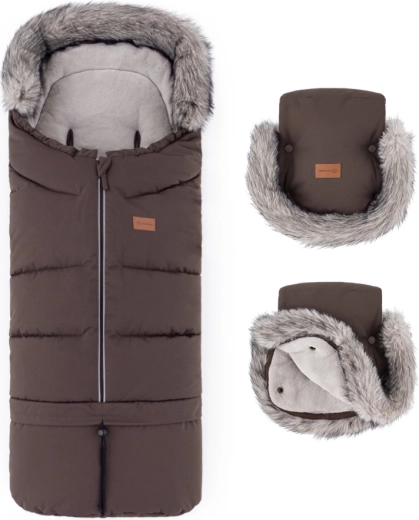 PETITE&MARS set de saco de invierno Arctic 4v1 + guantes para cochecito Furry rich brown