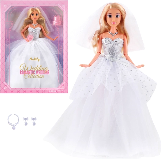 Muñeca de moda con vestido de novia blanco