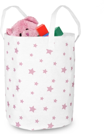 Cesta textil para juguetes Nukido blanca con estrellitas rosas