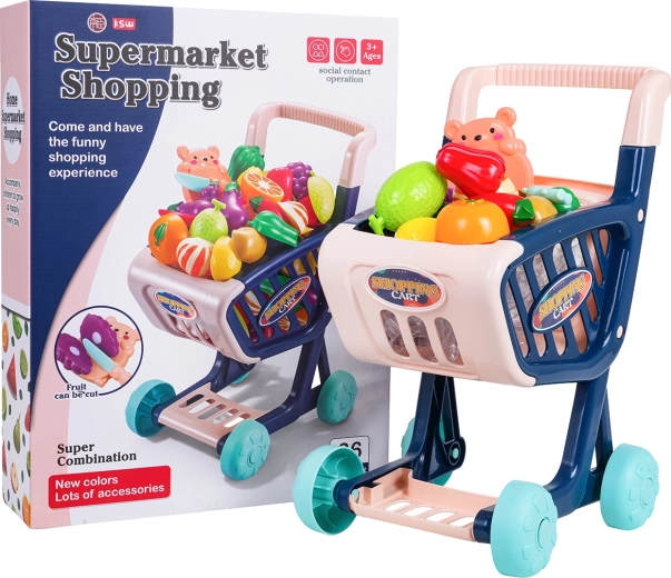Carrito de compras infantil con alimentos y accesorios, azul