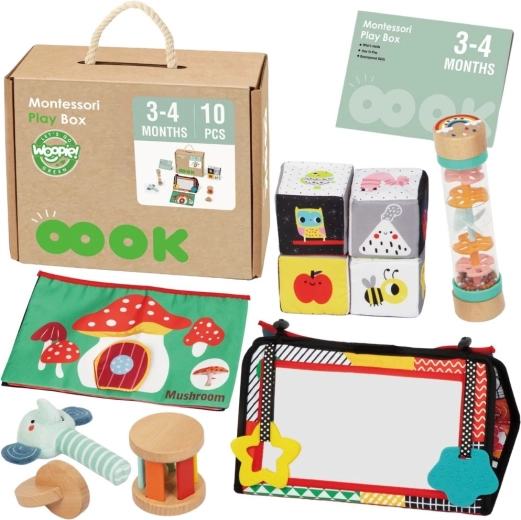 WOOPIE GREEN caja montessori XXL 6en1 juguetes sensoriales y educativos FSC para bebés 3–4 meses
