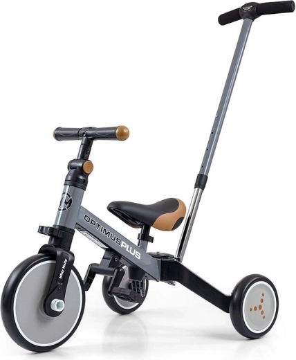 Triciclo infantil 4 en 1 con barra de empuje Milly Mally Optimus Plus – gris