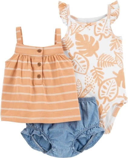 Set de 3 piezas para bebé Carter's Brown Palm: body de tirantes, camiseta sin mangas y braguitas para niña