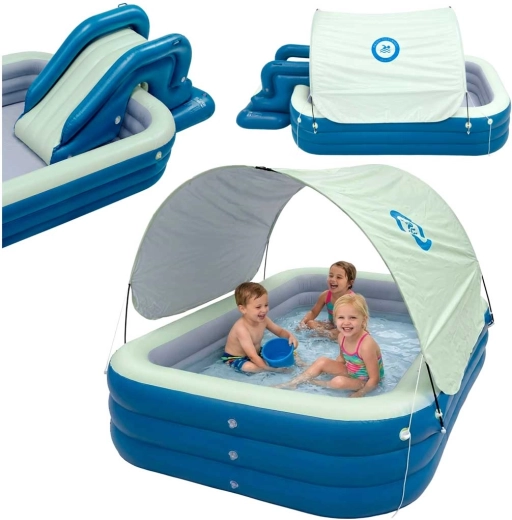 Piscina infantil hinchable de jardín con tobogán y techo solar