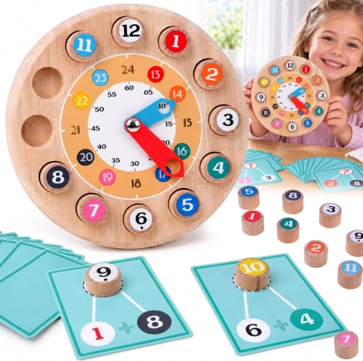 Reloj educativo de madera 2 en 1 con ejercicios de matemáticas