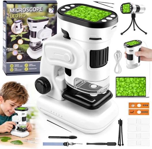 Microscopio digital para niños 1000× con pantalla de 2", LED y cámara (menú en polaco)