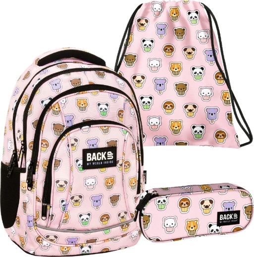 Set escolar BackUP Muffins Animals 3 en 1: mochila, estuche y bolsa