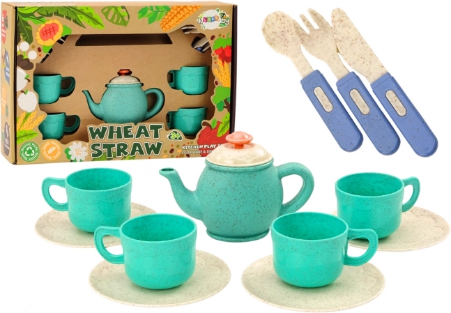 Juego de vajilla con tazas, platos, cubiertos y tetera, 22 piezas