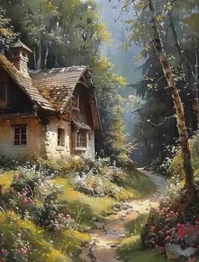 Pintura con diamantes Cabaña en el bosque 30 × 40 cm