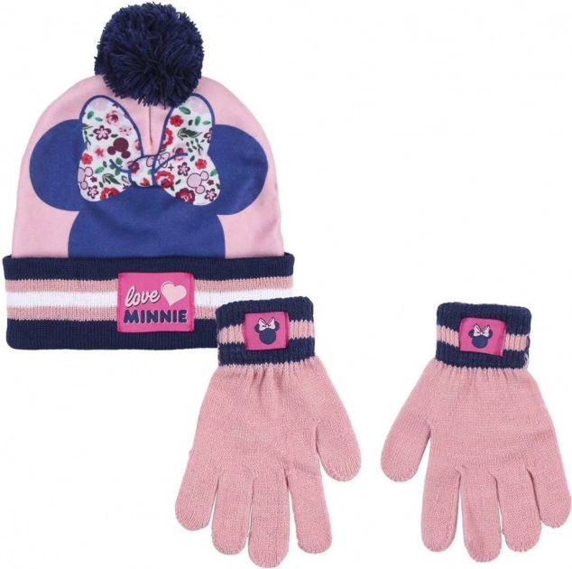 Disney Minnie set de gorro de invierno con pompón y guantes rosa-azul