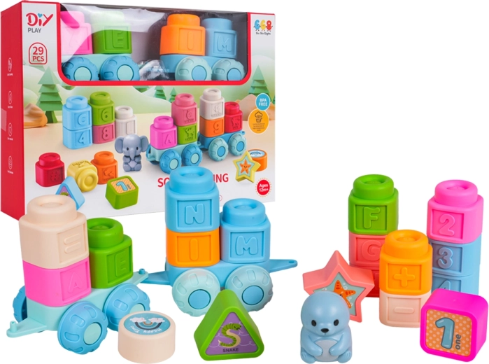 Juego de cubos blandos con letras y locomotora