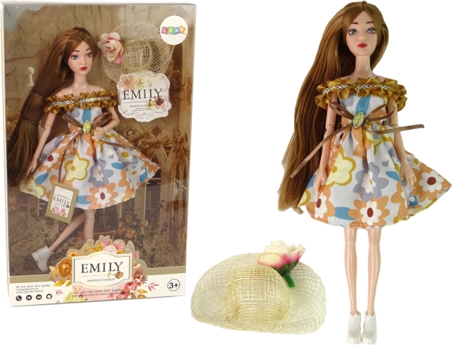 Muñeca Emily con sombrero otoñal y cabello largo castaño