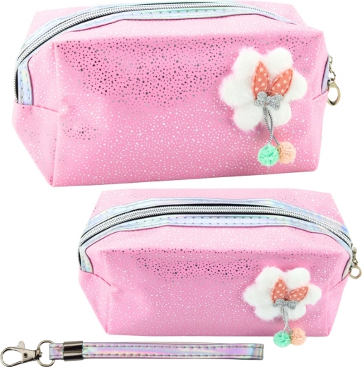 Estuche rosa para cosméticos con lazo y purpurina