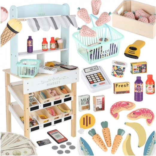 Mercado de madera LULILO Melo con puesto y caja registradora para niños
