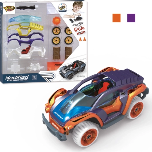 Kit de construcción de coche 1:32 con mecanismo pull-back – morado, 17 piezas