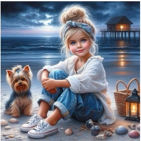 Mosaico de diamantes Niña con perrito en la playa