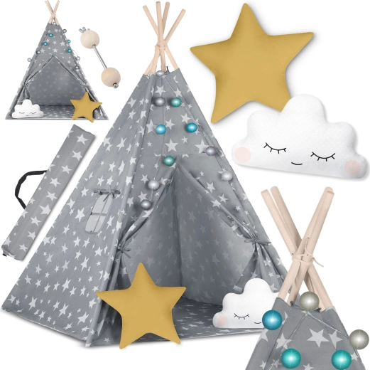 Teepee infantil con luces NUKIDO – gris con estrellitas