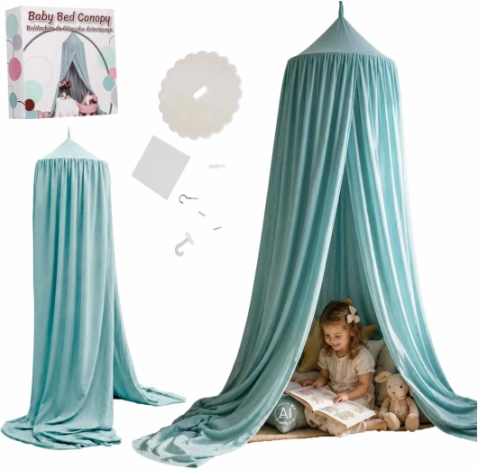Baldachín infantil colgante sobre la cama boho azul