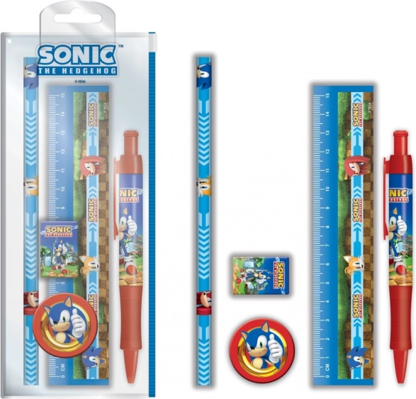 Set escolar SONIC: regla, bolígrafo, goma, lápiz y sacapuntas