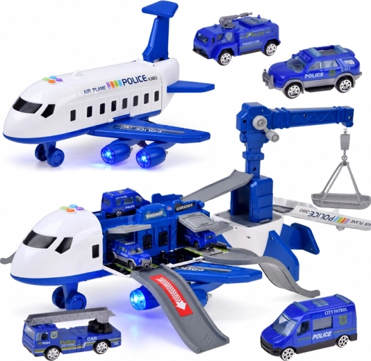 Avión de policía con aparcamiento, grúa y 4 coches