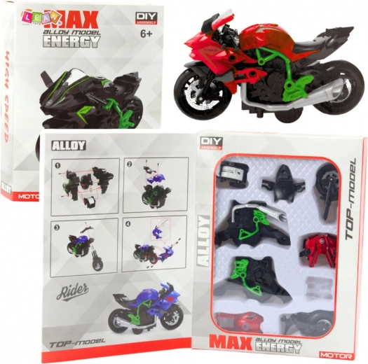 Motocicleta para montar 1:14 verde‑roja DIY, modelo metálico