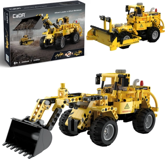 CaDA kit de construcción amarillo de vehículos de obra 2 en 1: cargadora y bulldozer