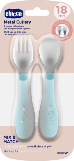 Cuchara y tenedor de acero inoxidable Chicco, teal, a partir de 18 meses