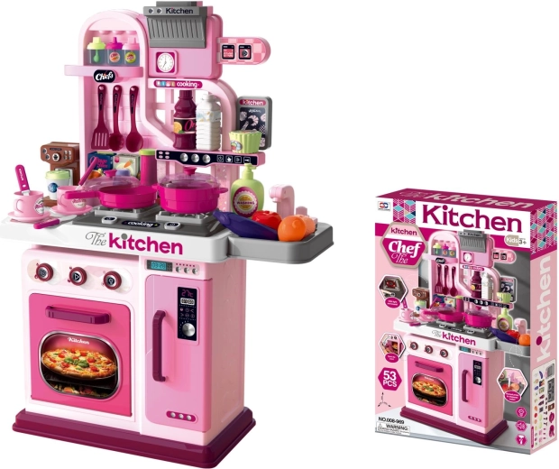 Cocina infantil rosa con accesorios