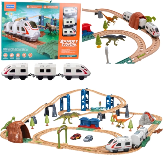 Ferrocarril eléctrico interactivo con túnel, estación y dinosaurios 95 × 85 cm