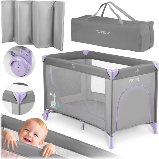 Cuna de viaje RK-240 con colchón y bolsa 125 × 65 × 78 cm gris-lavanda