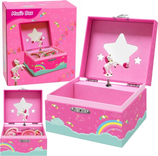 Joyero rosa con caja de música y unicornio giratorio