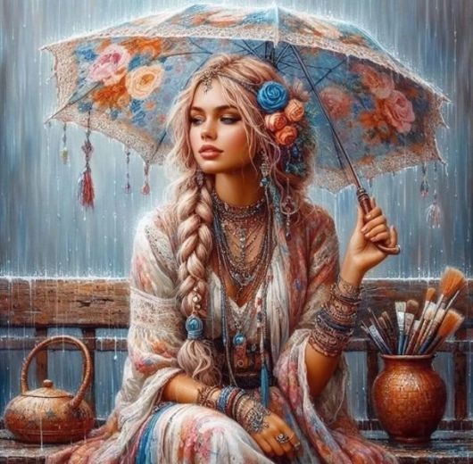 Pintura con diamantes – chica con paraguas 30 × 40 cm