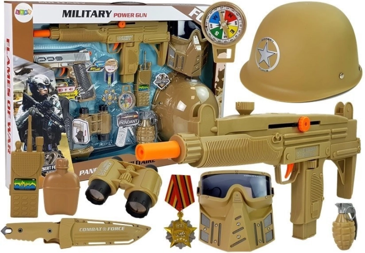 Set militar infantil con casco, máscara, pistolas y granada con sonido