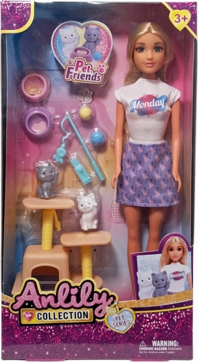 Muñeca con gatitos y accesorios de cuidado