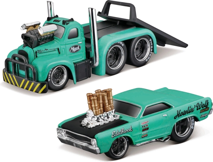 Maisto Muscle transports Mack B-61 flatbed con Dodge Dart HEMI gasser 1:64