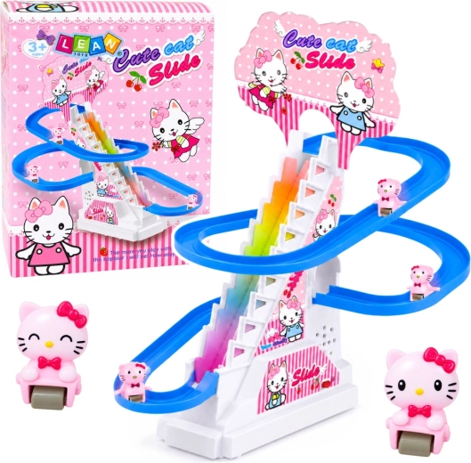 Pista interactiva de tobogán para gatitos con escaleras móviles, luces y música
