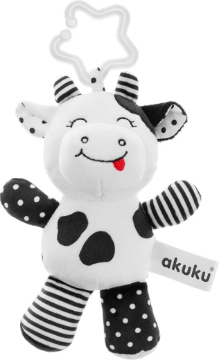 Vaca de peluche con sonajero en blanco y negro AKUKU