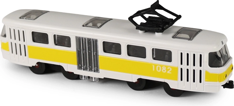 Tranvía amarillo de transporte público con puertas abatibles, 16 cm