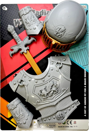 Set de caballero con espada plateada, armadura y casco