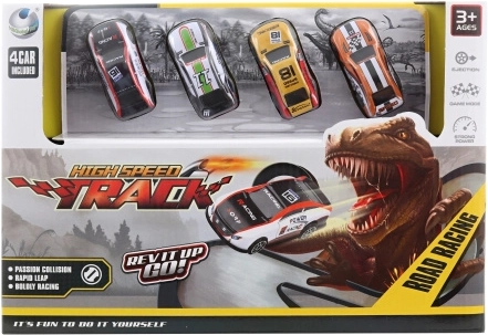 Pista lanzadora con dinosaurio y cochecitos