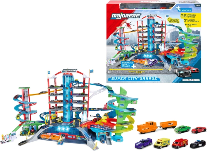 Majorette Super City Garage, garaje de siete plantas con 6 cochecitos y tren