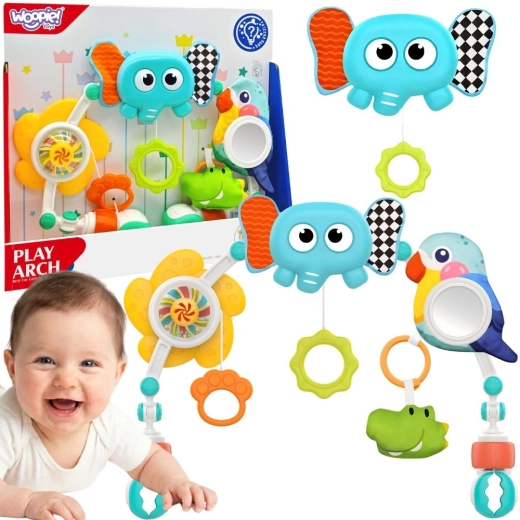 Woopie baby arco sensorial con juguetes para cuna y cochecito, elefante y loro