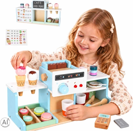 Cafetería y pastelería infantil de madera con cafetera y helados