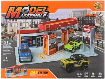 Kit de construcción de gasolinera con cochecito metálico