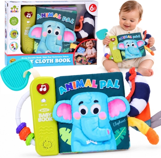 Libro sensomotor interactivo de tela para bebés con elefante, con sonidos, melodías y mordedor - 1 unidad