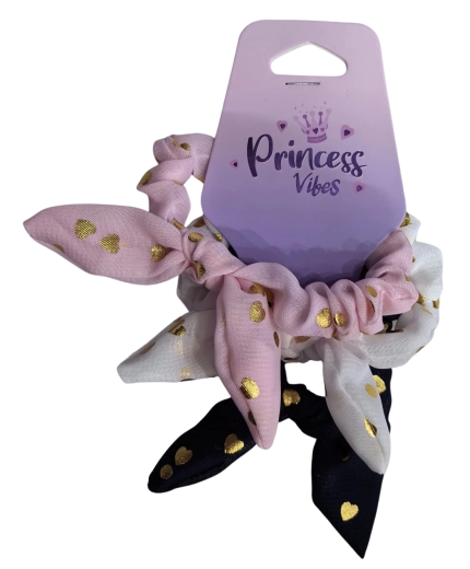 PINK set de gomas para el pelo scrunchie con lazo y corazones dorados - 3 uds