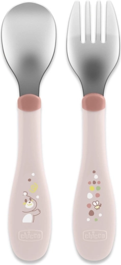 Cubiertos infantiles de acero inoxidable Chicco en rosa (a partir de 18 meses)